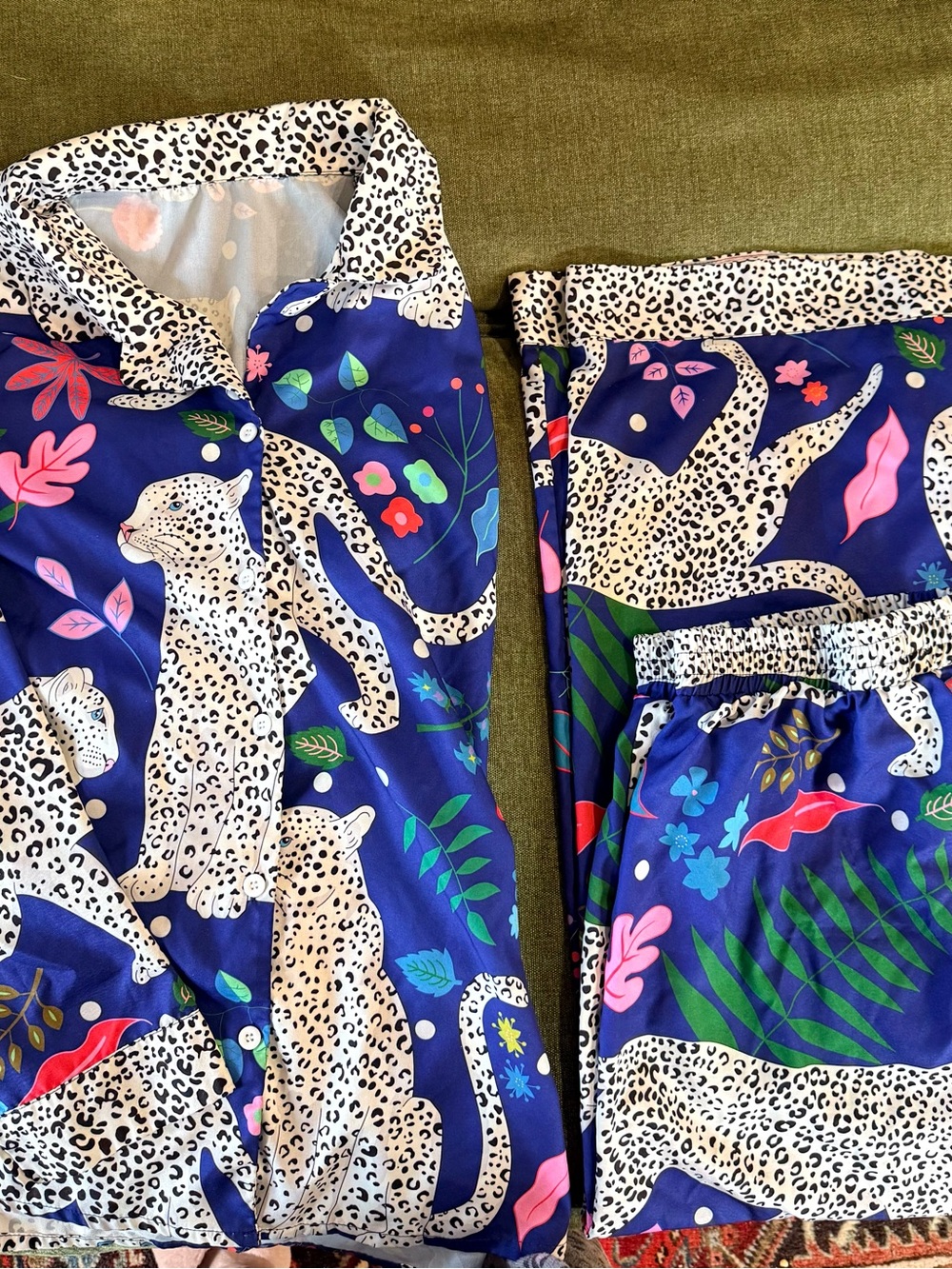 Leopard Print Womens Pajama Set in Royal Blue & Colorful Accents